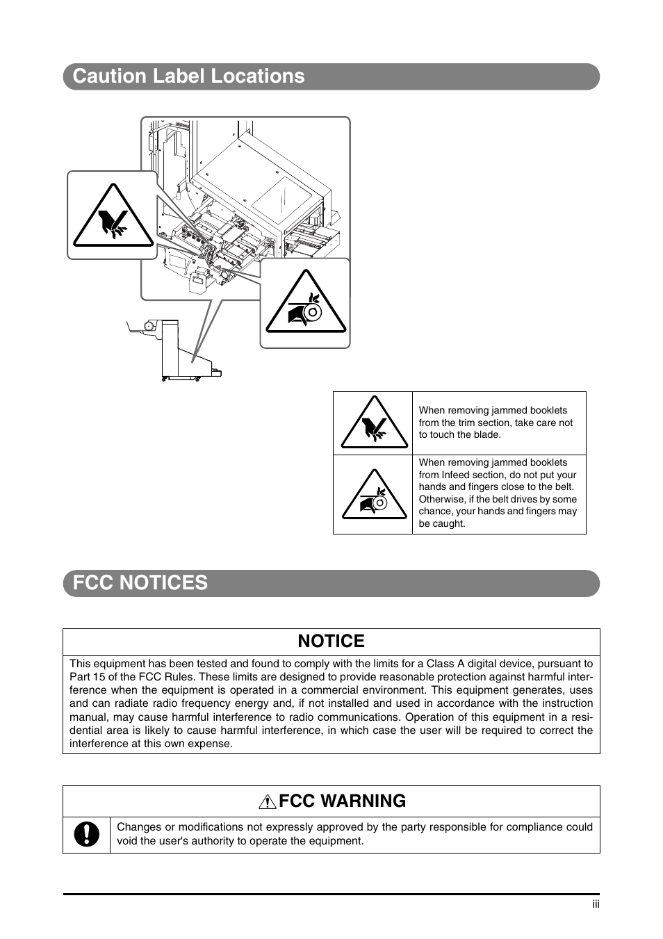 Caution label locations, Fcc notices, Caution label locations fcc notices | Notice, Fcc warning | Canon D1 User Manual | Page 6 / 28