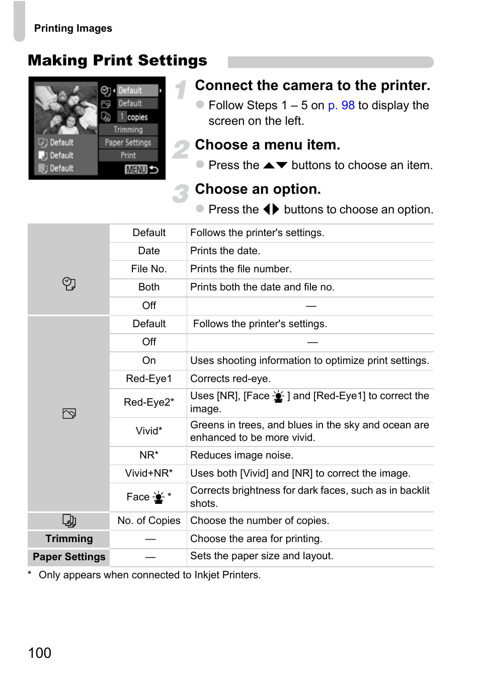 Making print settings, Connect the camera to the printer, Choose a menu item | Choose an option | Canon A800 User Manual | Page 100 / 144