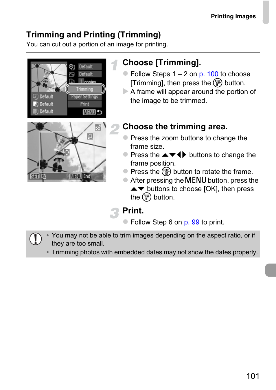 101 trimming and printing (trimming), Choose [trimming, Choose the trimming area | Print | Canon A800 User Manual | Page 101 / 144