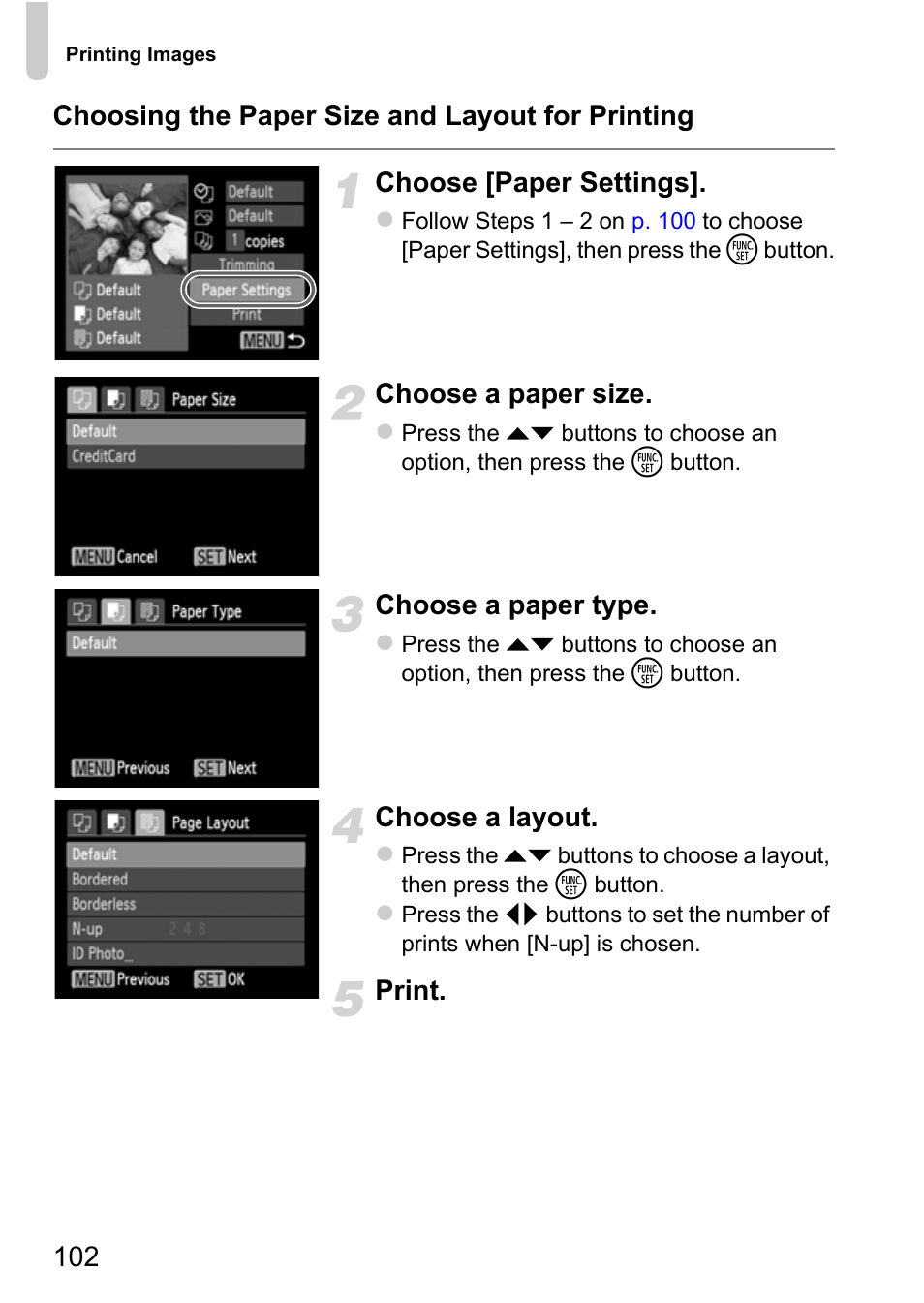 Choose a paper size, Choose a paper type, Choose a layout | Print | Canon A800 User Manual | Page 102 / 144