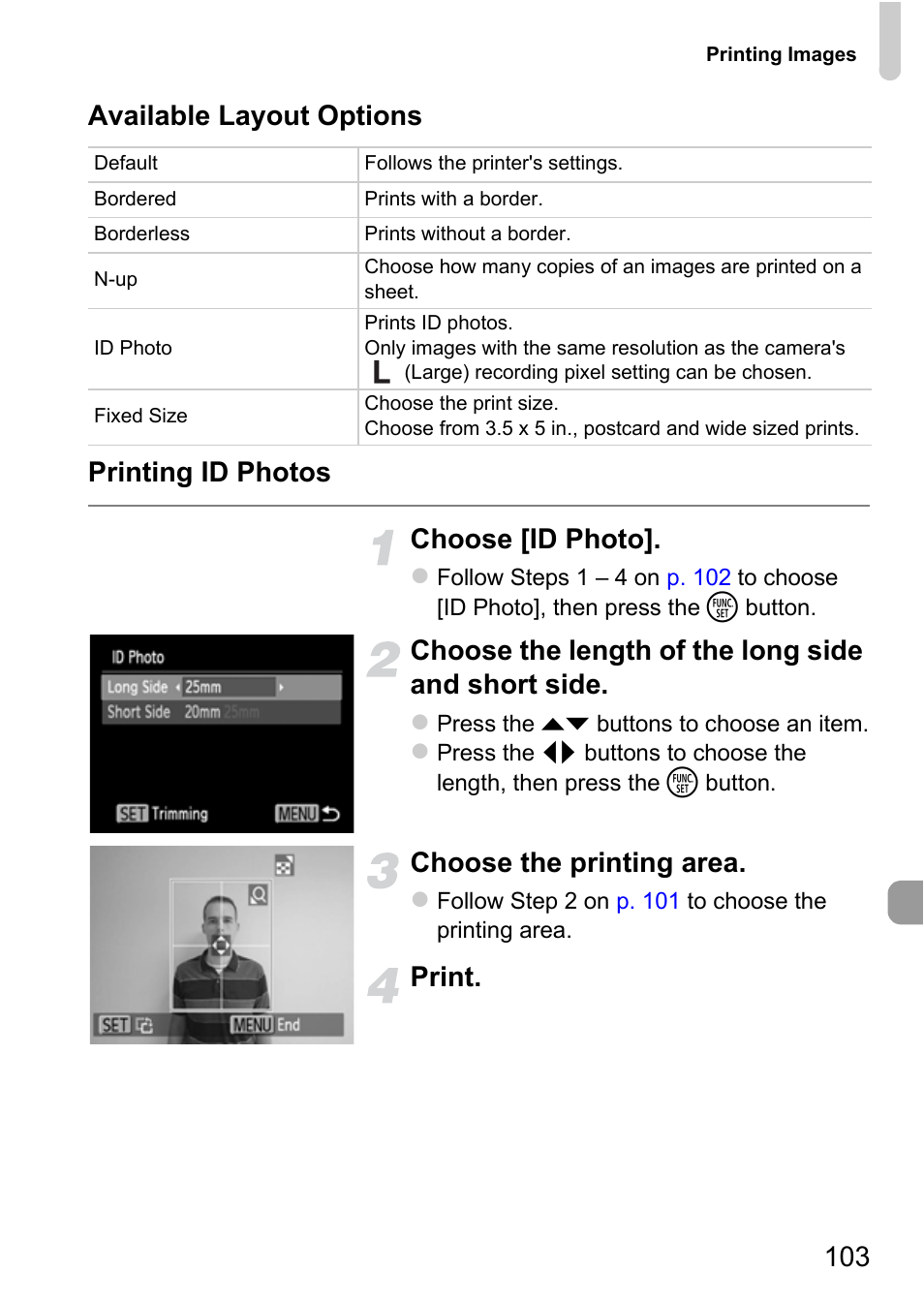 Choose the length of the long side and short side, Choose the printing area, Print | Canon A800 User Manual | Page 103 / 144
