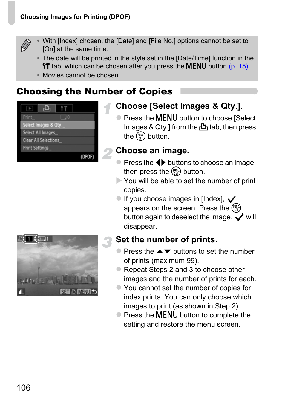 Choosing the number of copies, Choose [select images & qty, Choose an image | Set the number of prints | Canon A800 User Manual | Page 106 / 144