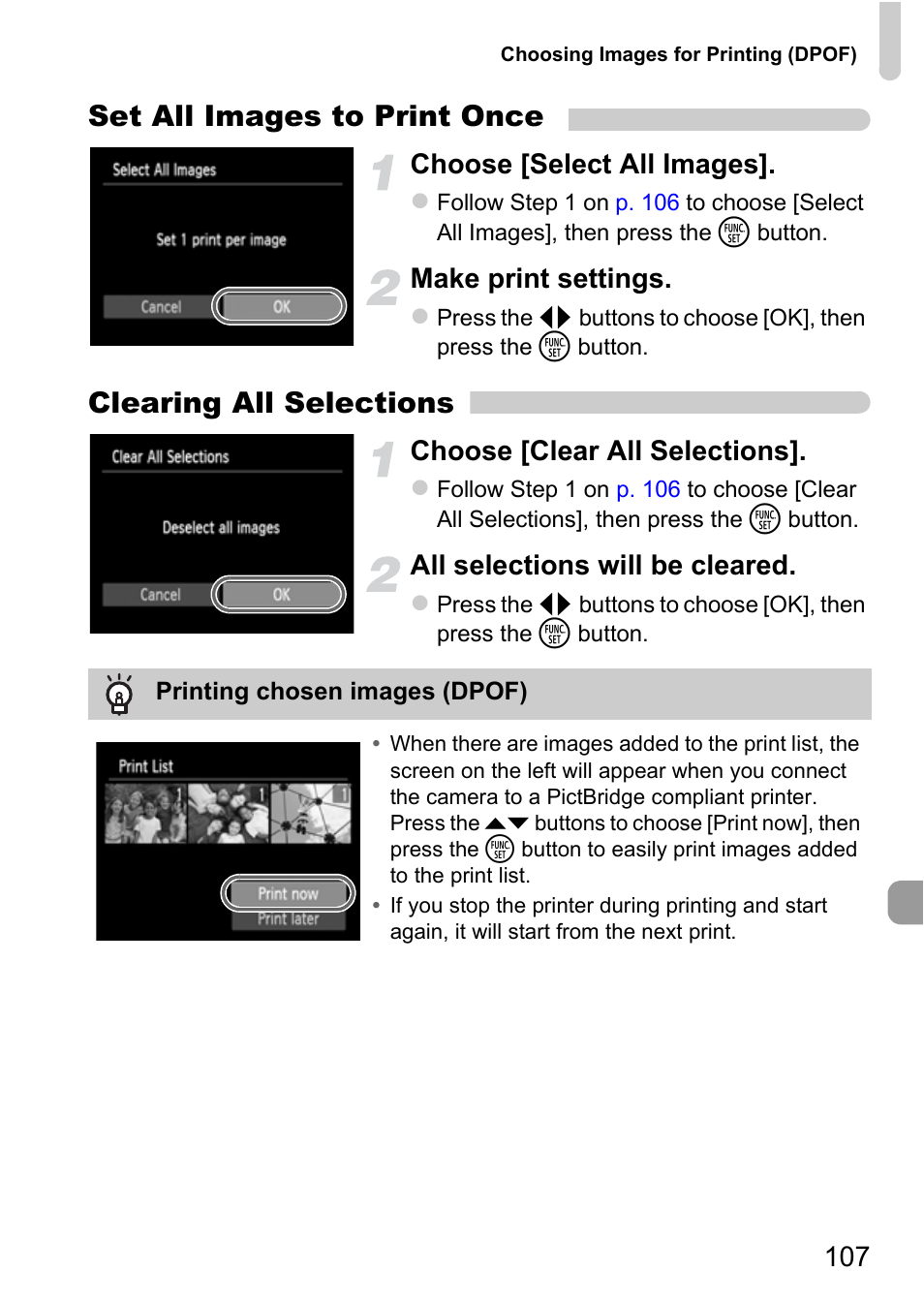 P. 107), Set all images to print once, Clearing all selections | Choose [select all images, Make print settings, Choose [clear all selections, All selections will be cleared | Canon A800 User Manual | Page 107 / 144