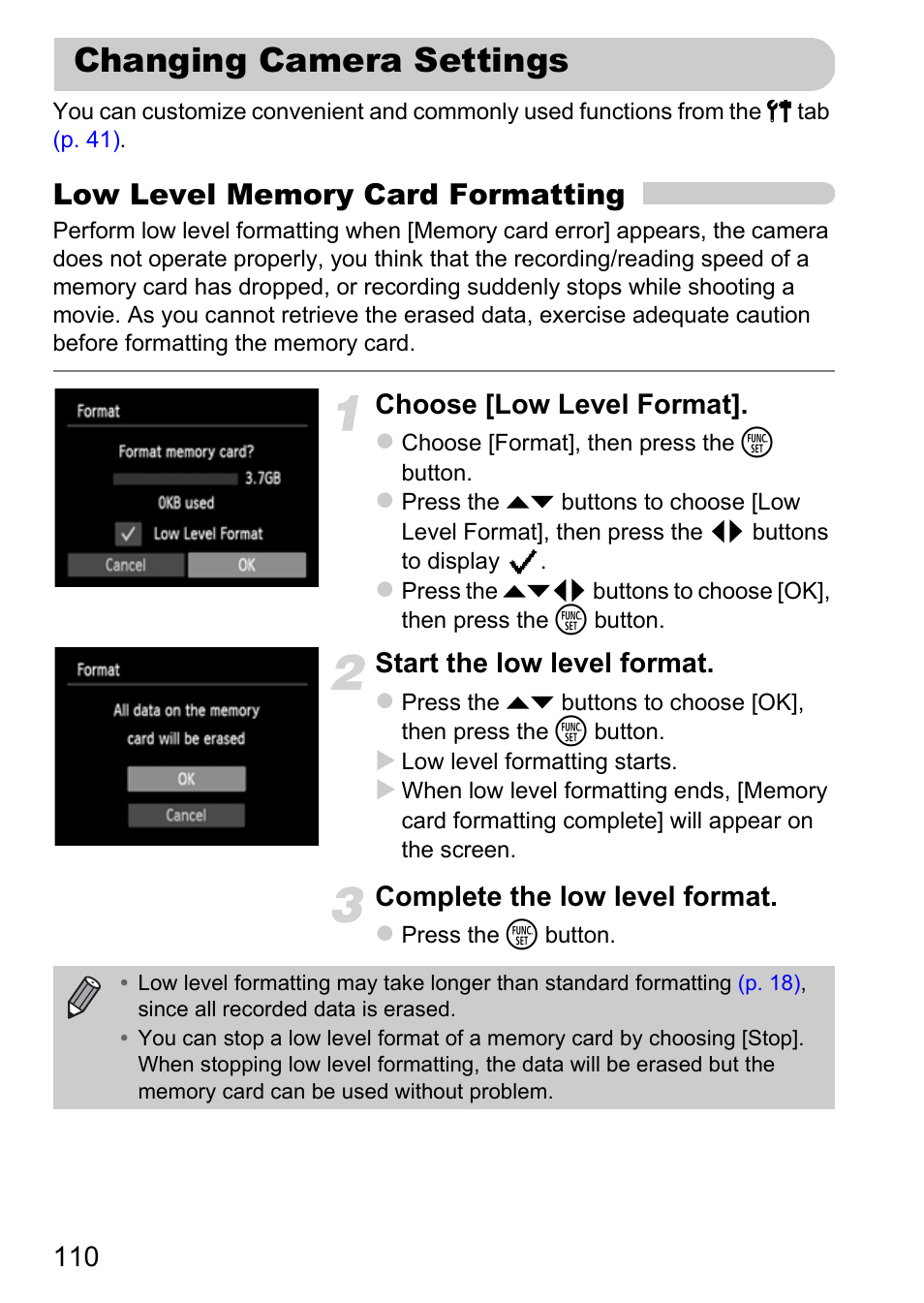 Changing camera settings, Choose [low level format, Start the low level format | Complete the low level format | Canon A800 User Manual | Page 110 / 144