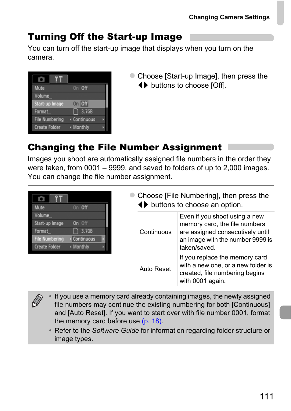 Turning off the start-up image, Changing the file number assignment | Canon A800 User Manual | Page 111 / 144