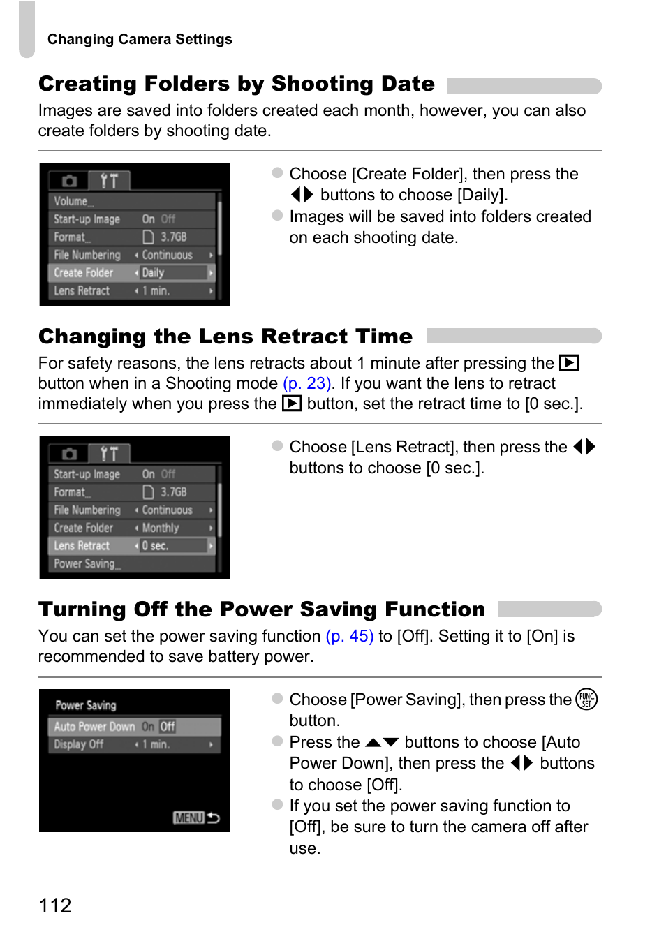 P. 112), Creating folders by shooting date, Changing the lens retract time | Turning off the power saving function | Canon A800 User Manual | Page 112 / 144