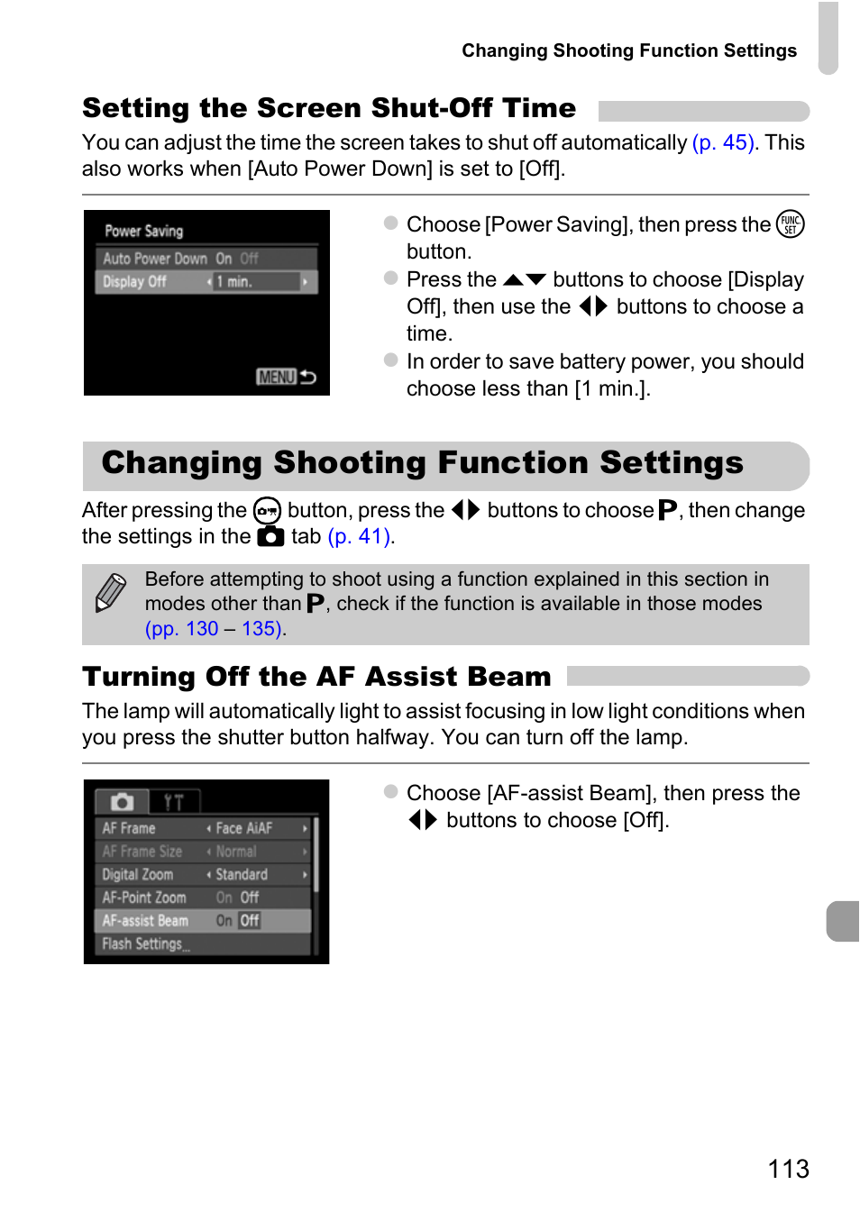 Changing shooting function settings, Changing shooting function, Settings | P. 113), Setting the screen shut-off time, Turning off the af assist beam | Canon A800 User Manual | Page 113 / 144
