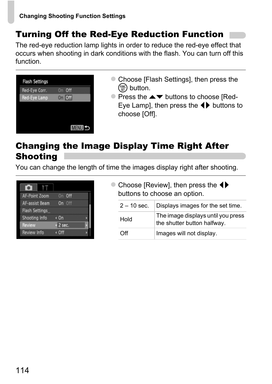 Turning off the red-eye reduction function | Canon A800 User Manual | Page 114 / 144