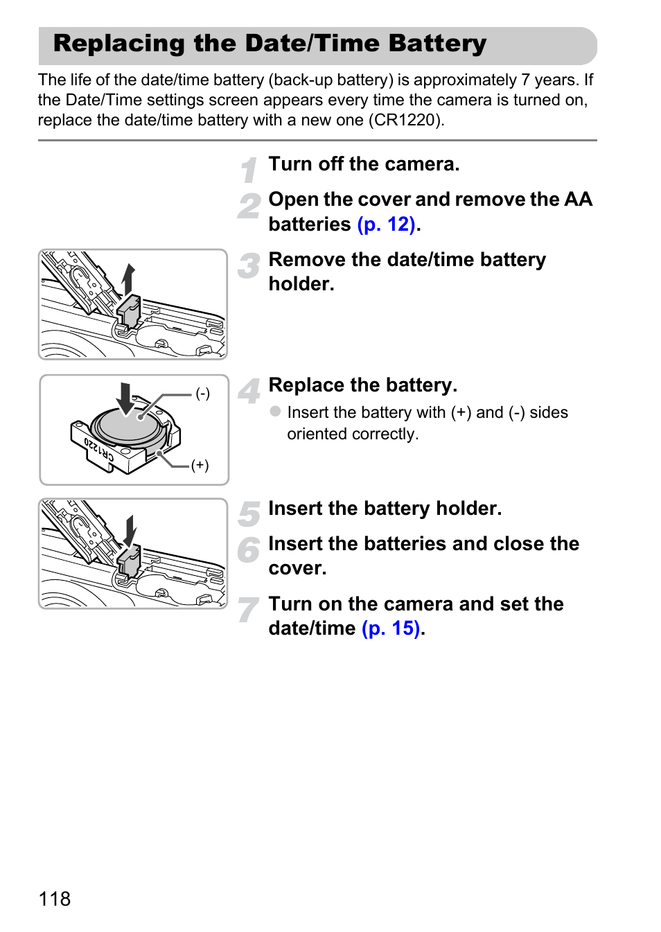 Replacing the date/time battery | Canon A800 User Manual | Page 118 / 144