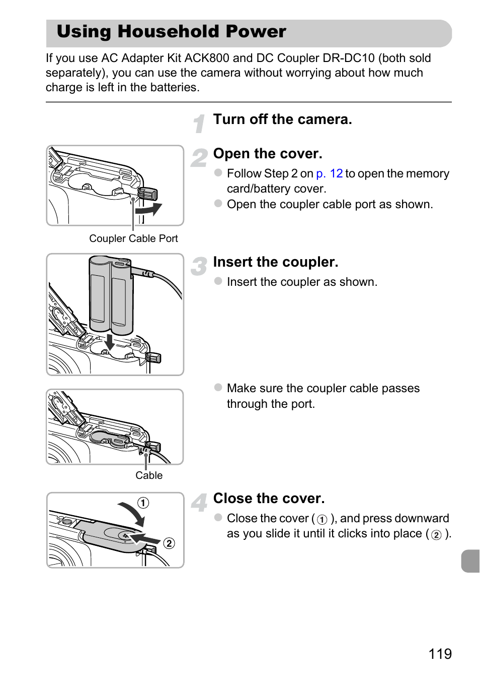 Using household power, Upler cable port, P. 119) | Canon A800 User Manual | Page 119 / 144