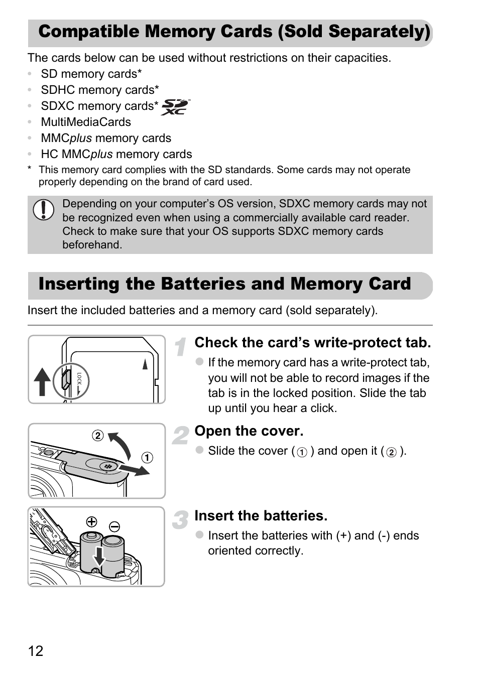 Compatible memory cards (sold separately), Inserting the batteries and memory card, Compatible memory cards | Sold separately), Inserting the batteries and memory, Card, Check the card’s write-protect tab, Open the cover, Insert the batteries | Canon A800 User Manual | Page 12 / 144