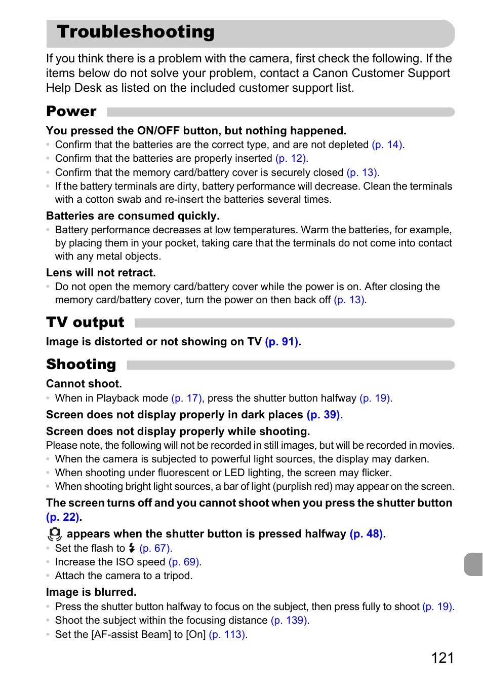Troubleshooting, Power, Tv output | Shooting | Canon A800 User Manual | Page 121 / 144