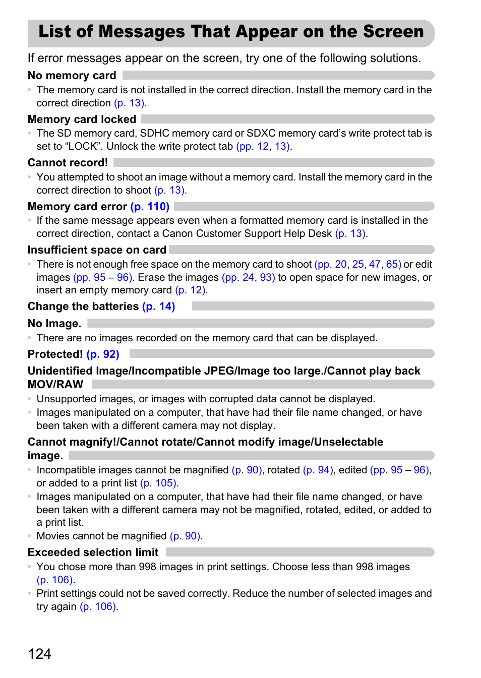 List of messages that appear on the screen, List of messages that appear, On the screen | Canon A800 User Manual | Page 124 / 144