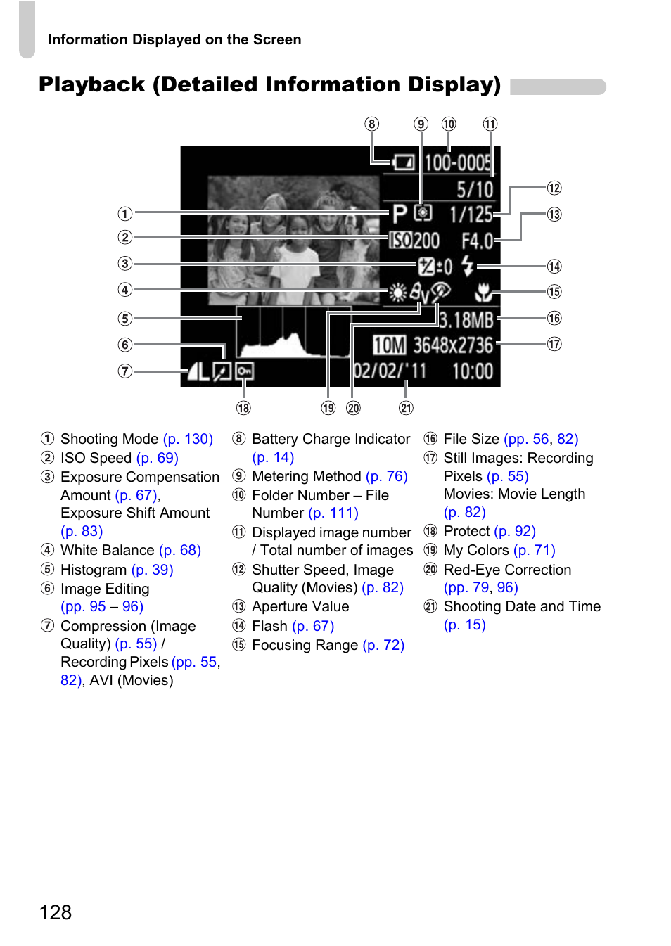 Pp. 128, P. 128), Playback (detailed information display) | Canon A800 User Manual | Page 128 / 144