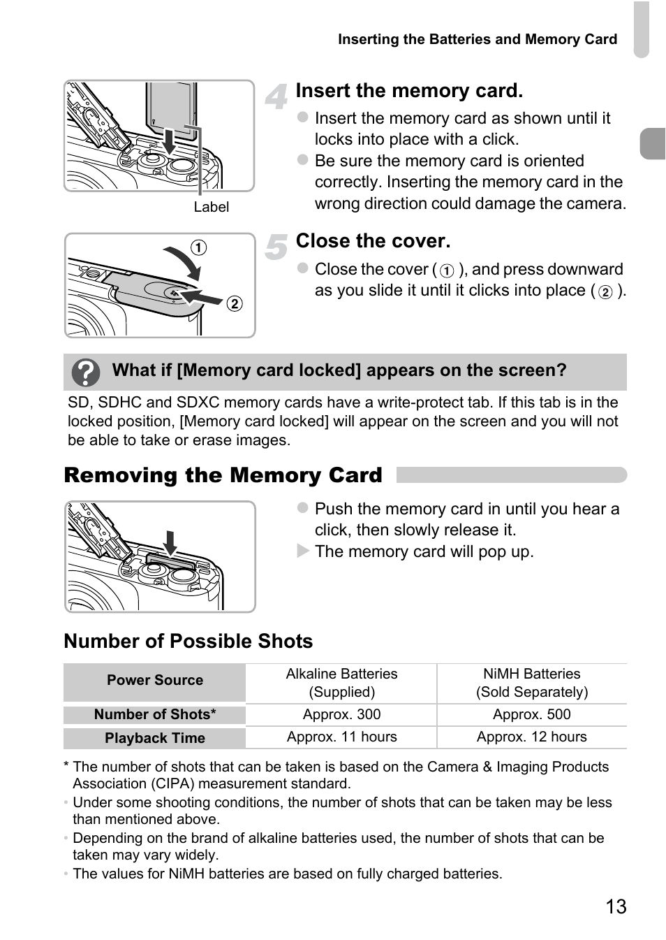 Close the cover, Number of possible shots | Canon A800 User Manual | Page 13 / 144