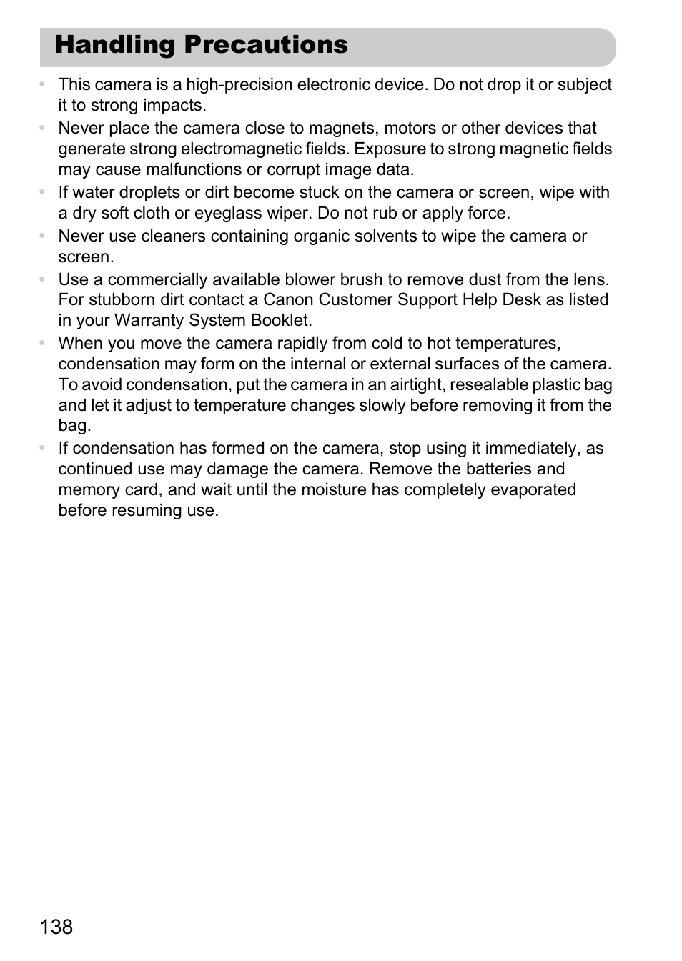 Handling precautions | Canon A800 User Manual | Page 138 / 144