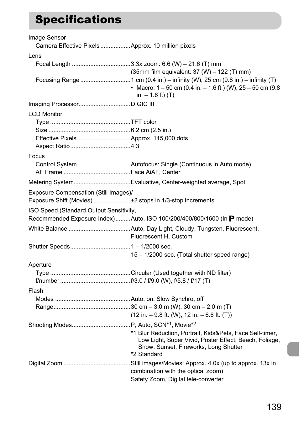 Specifications, P. 139) | Canon A800 User Manual | Page 139 / 144