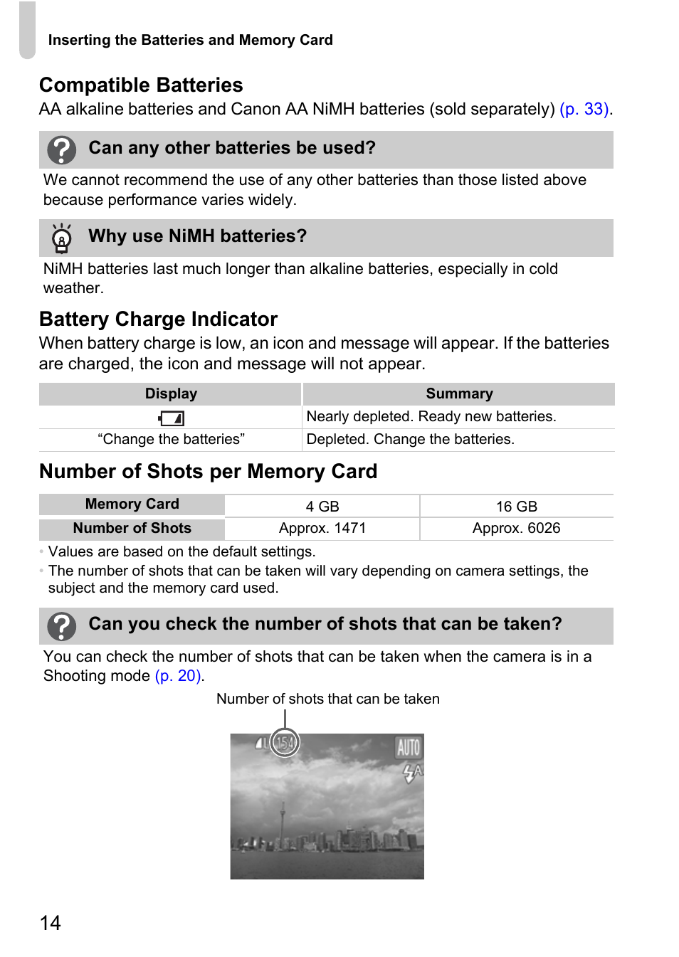 14 compatible batteries, Battery charge indicator | Canon A800 User Manual | Page 14 / 144