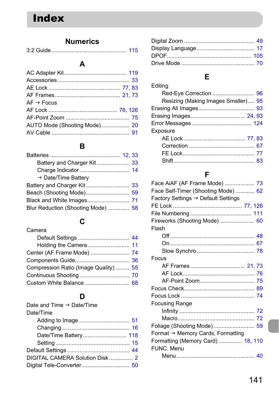 Index, Numerics | Canon A800 User Manual | Page 141 / 144