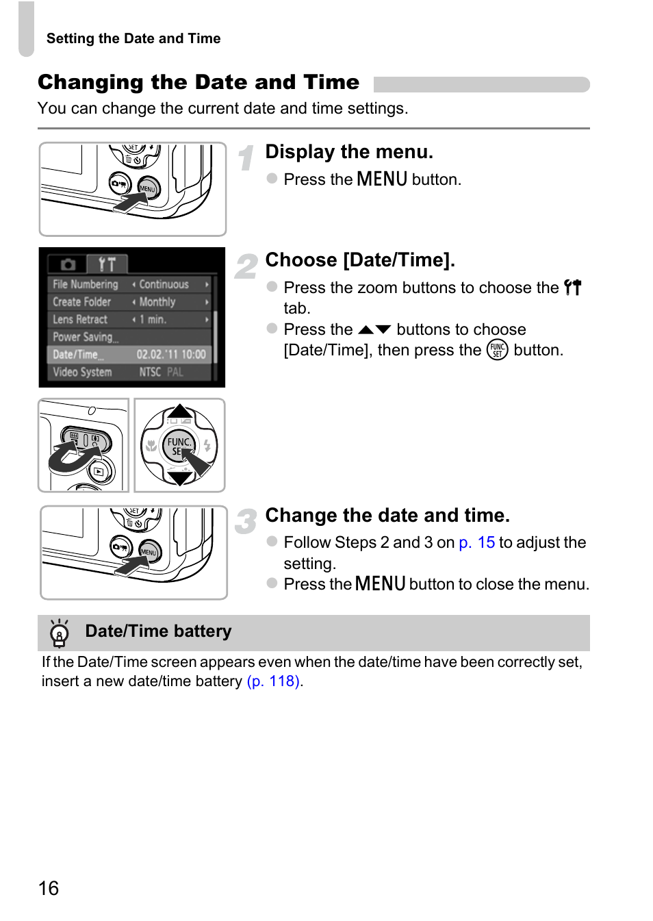 Changing the date and time, Display the menu, Choose [date/time | Change the date and time | Canon A800 User Manual | Page 16 / 144