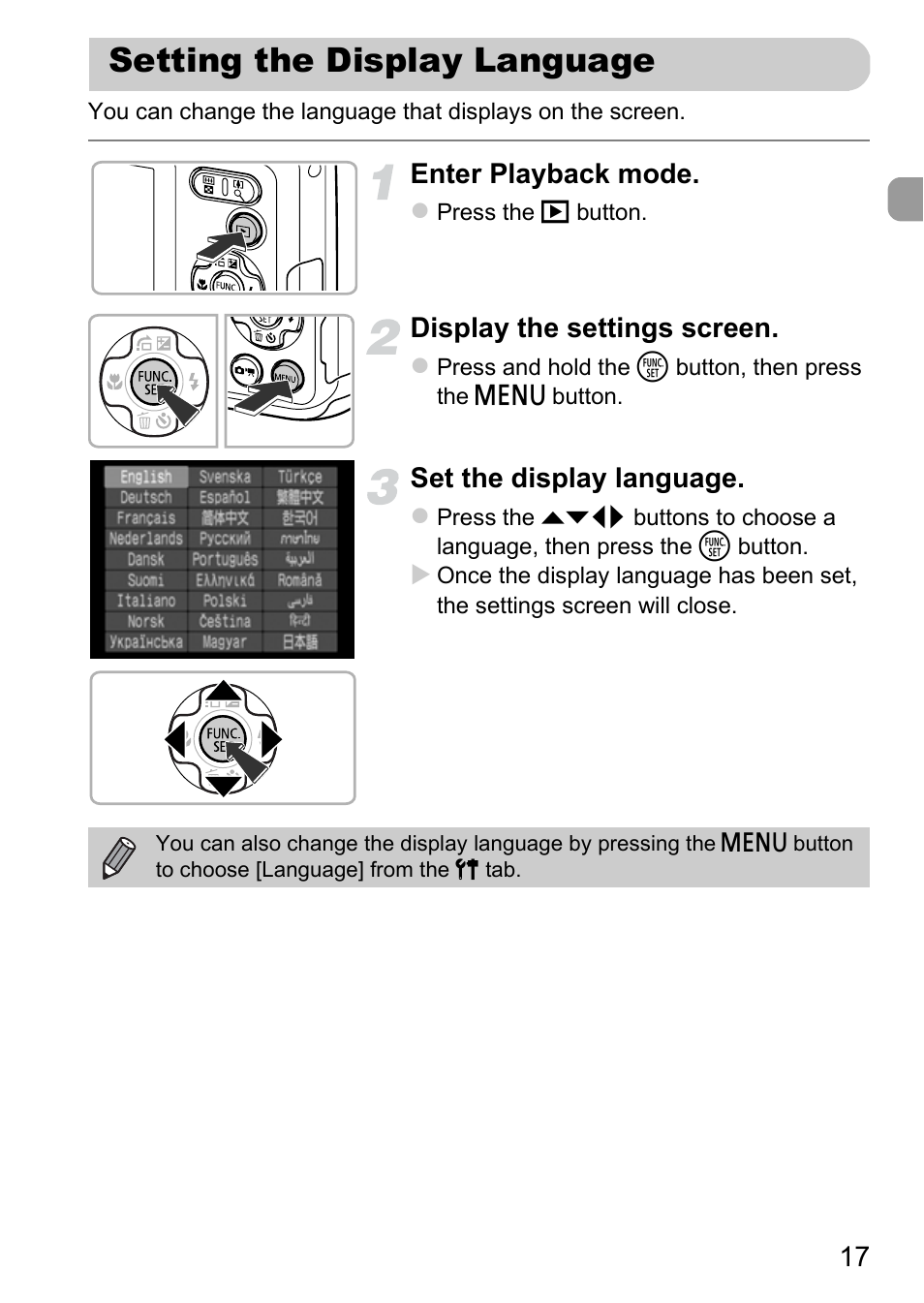 Setting the display language, Enter playback mode, Display the settings screen | Set the display language | Canon A800 User Manual | Page 17 / 144
