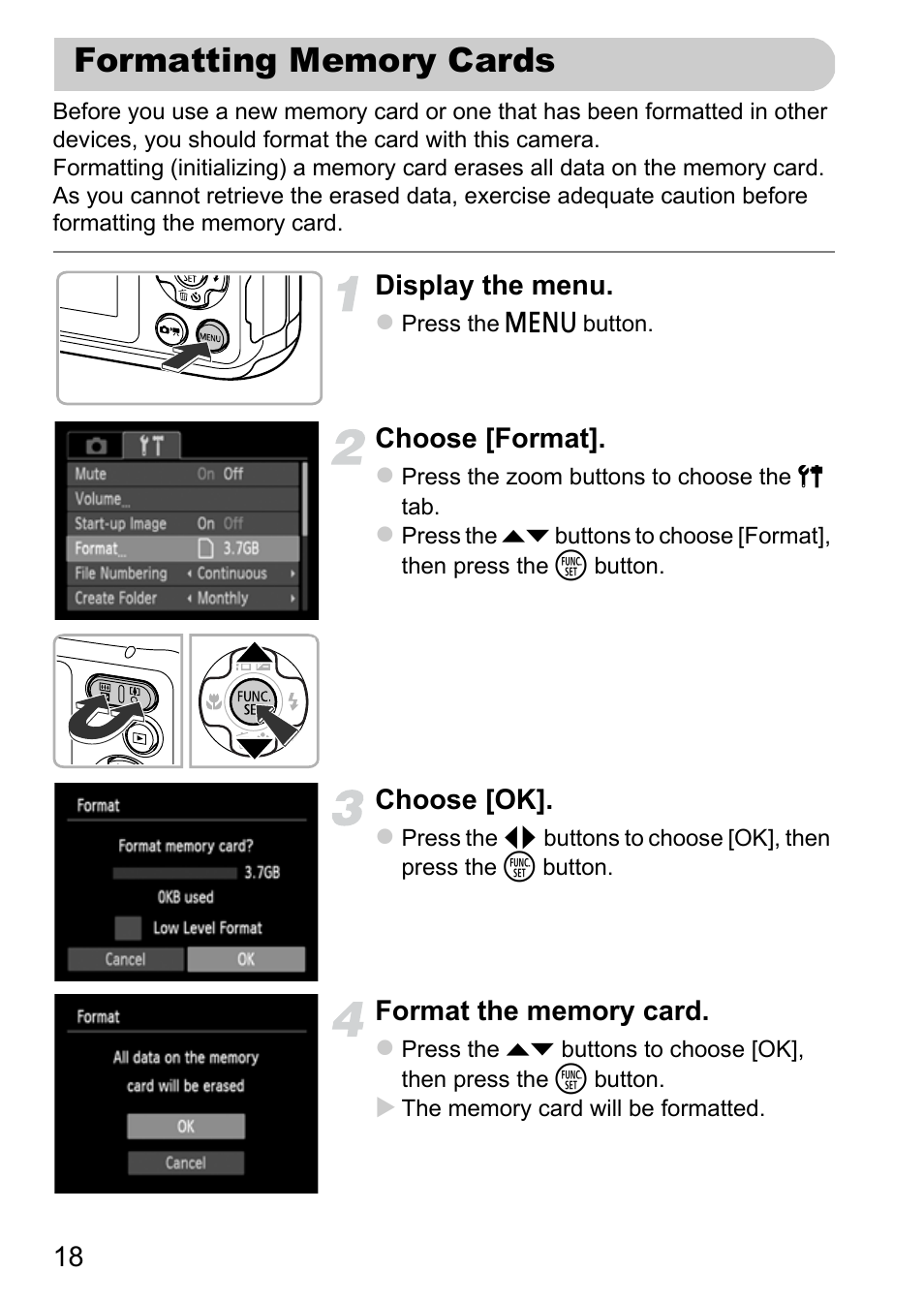 Formatting memory cards | Canon A800 User Manual | Page 18 / 144