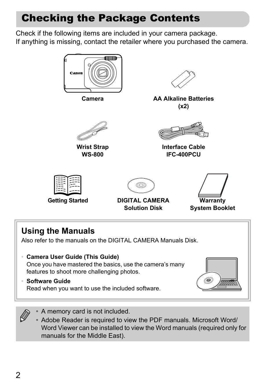 Checking the package contents, Using the manuals | Canon A800 User Manual | Page 2 / 144