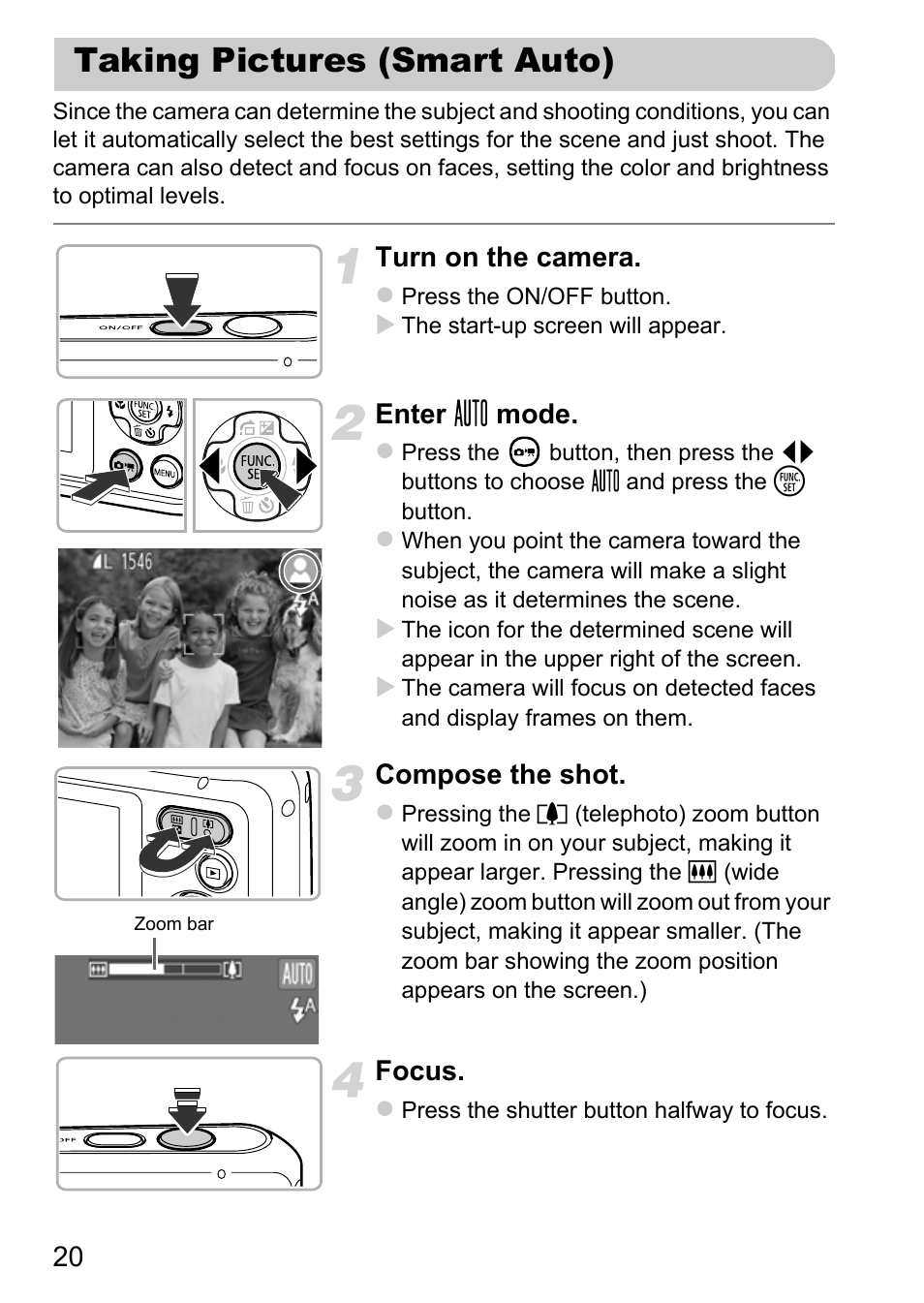 Taking pictures (smart auto) | Canon A800 User Manual | Page 20 / 144