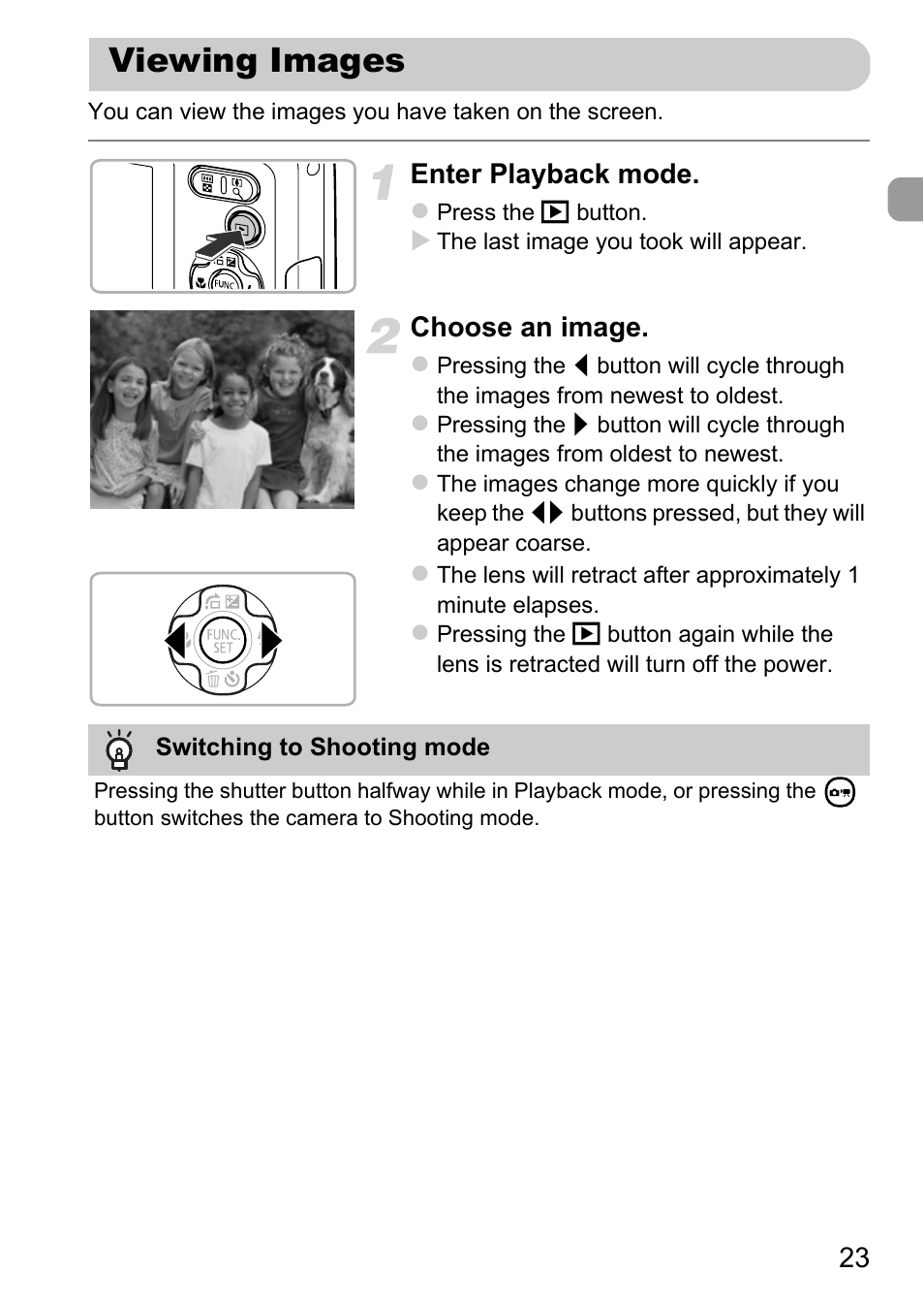 Viewing images, Enter playback mode, Choose an image | Canon A800 User Manual | Page 23 / 144
