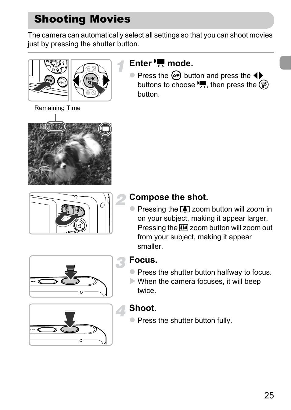 Shooting movies | Canon A800 User Manual | Page 25 / 144