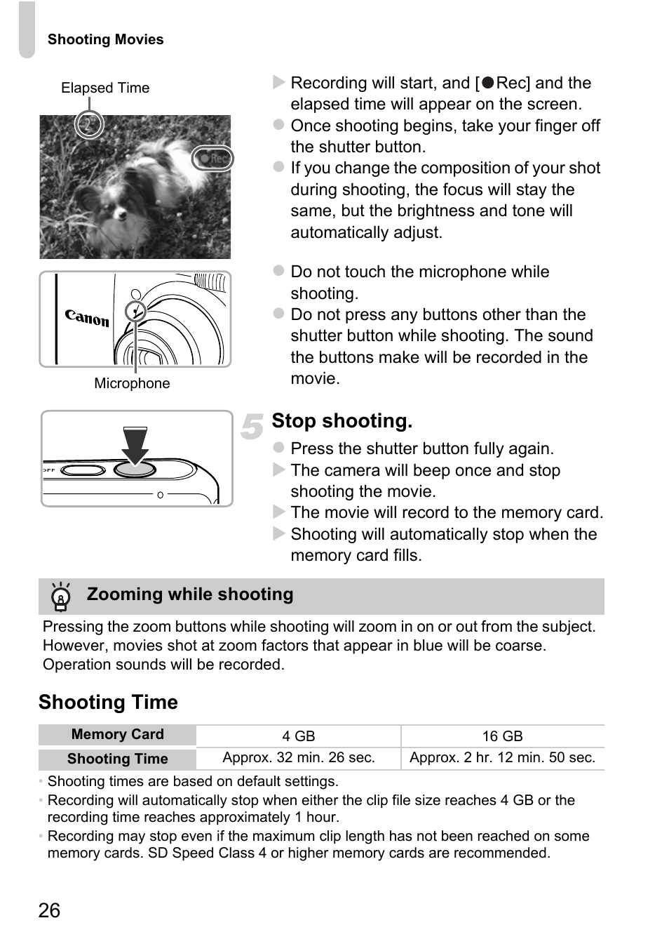 Stop shooting, Shooting time | Canon A800 User Manual | Page 26 / 144