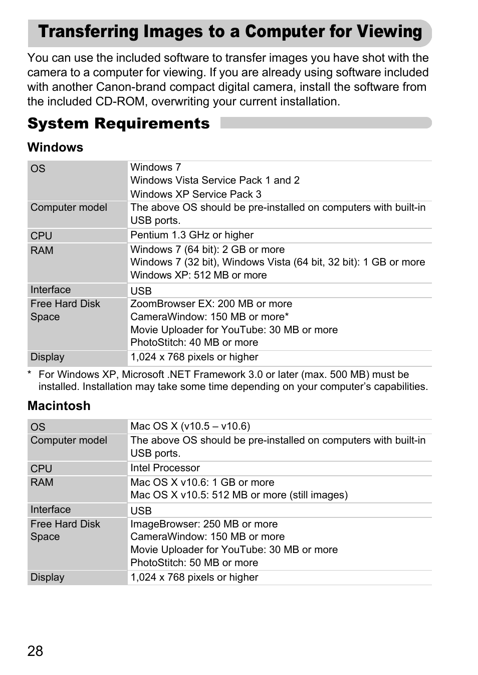 Transferring images to a computer for viewing, Transferring images to a computer, For viewing | System requirements | Canon A800 User Manual | Page 28 / 144
