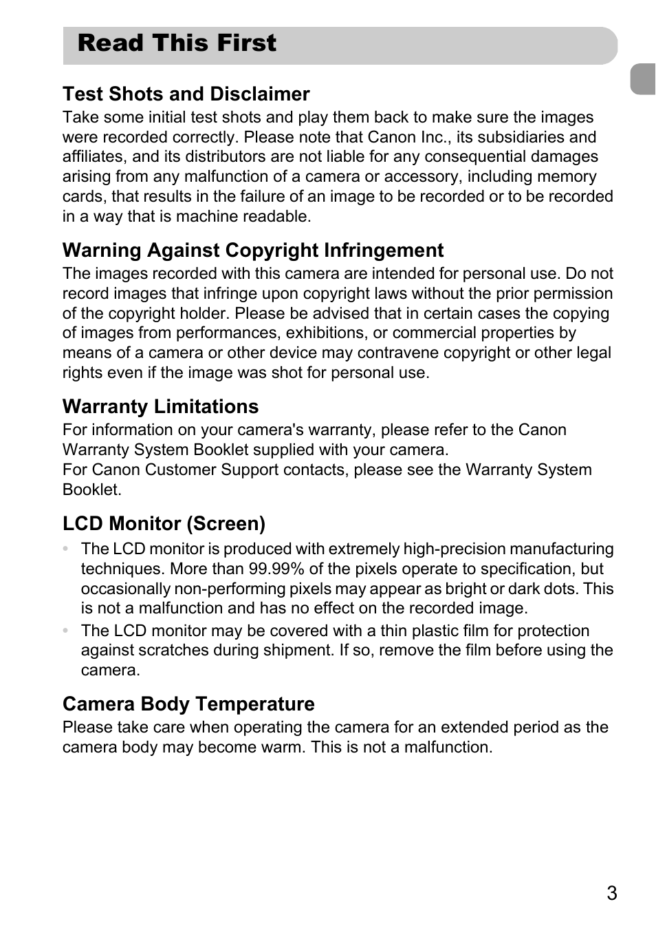 Read this first | Canon A800 User Manual | Page 3 / 144