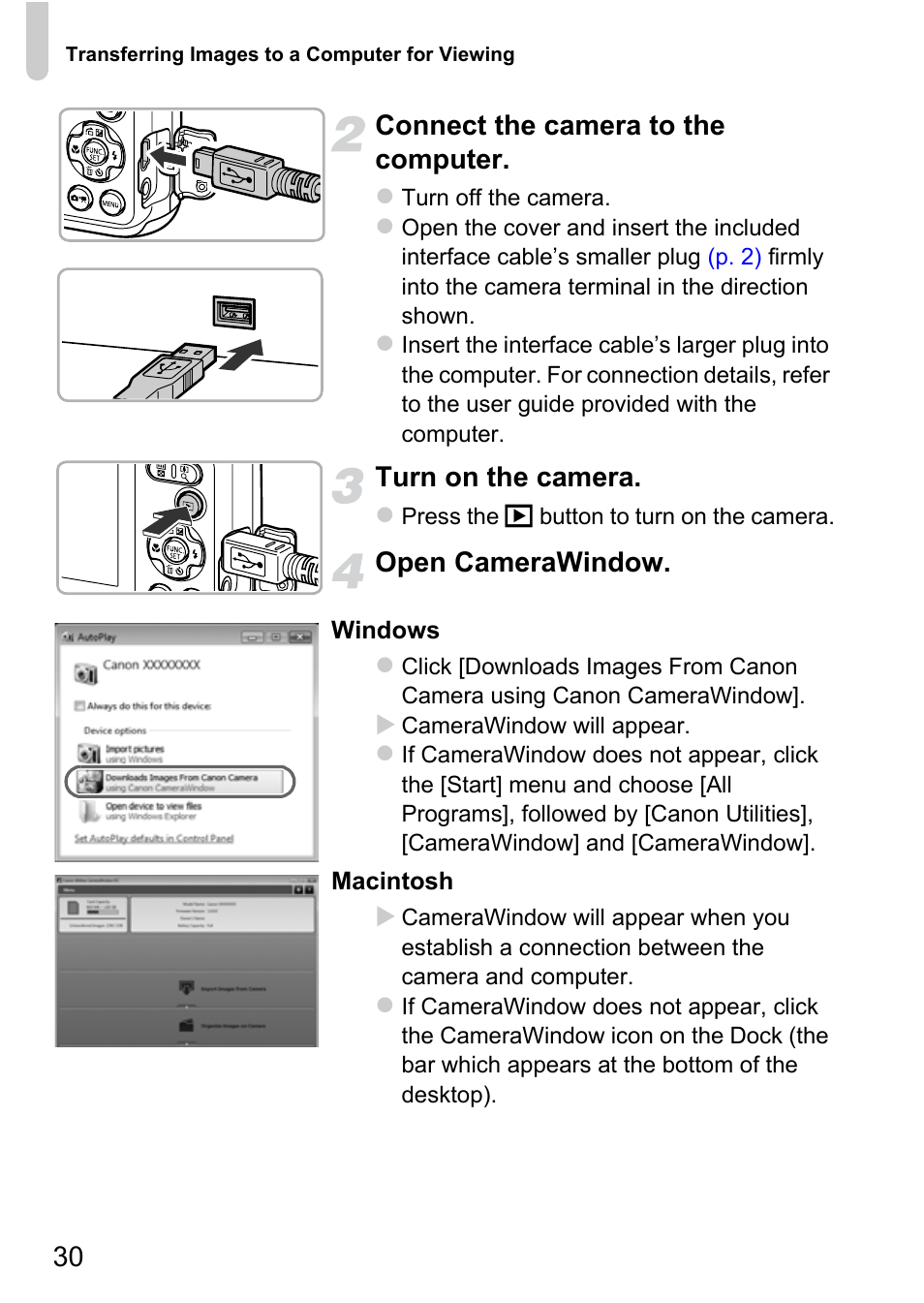 30 connect the camera to the computer, Turn on the camera, Open camerawindow | Canon A800 User Manual | Page 30 / 144