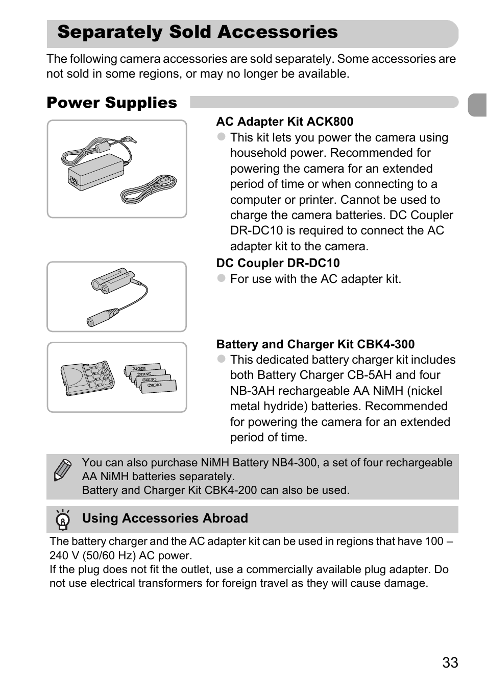 Separately sold accessories, Power supplies | Canon A800 User Manual | Page 33 / 144