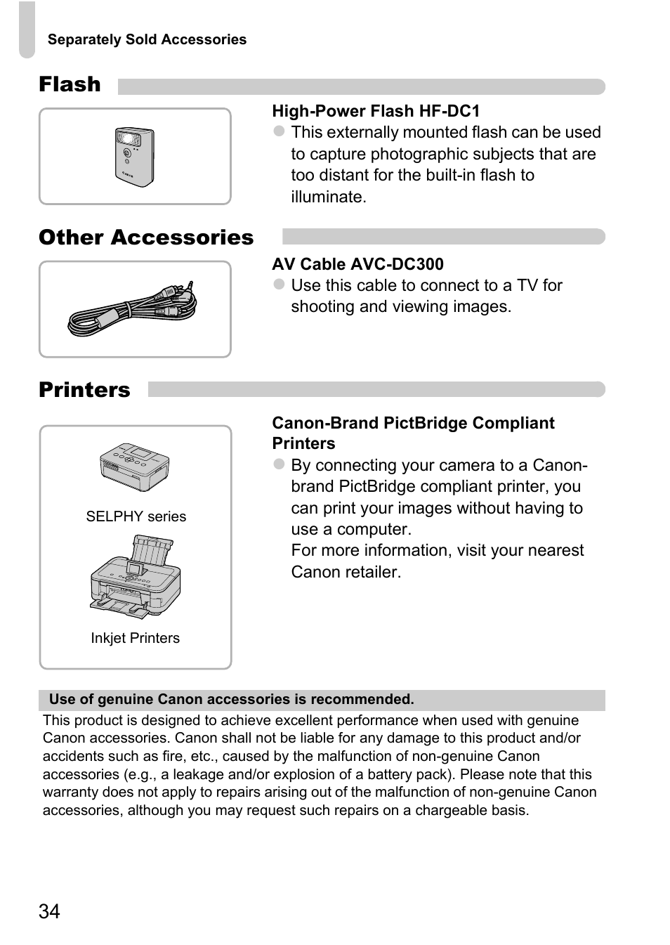 Flash, Other accessories, Printers | Canon A800 User Manual | Page 34 / 144