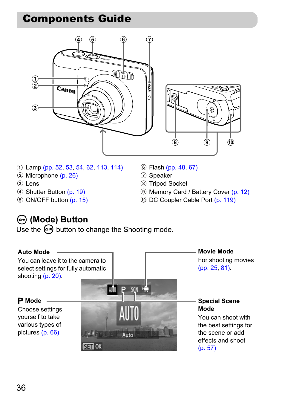 Components guide, 36 (mode) button | Canon A800 User Manual | Page 36 / 144