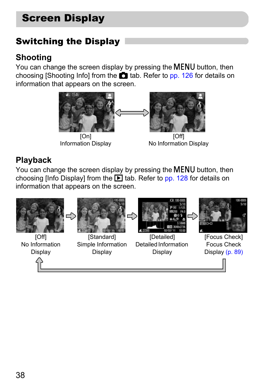 Screen display, Pp. 38, Switching the display | Shooting, Playback | Canon A800 User Manual | Page 38 / 144