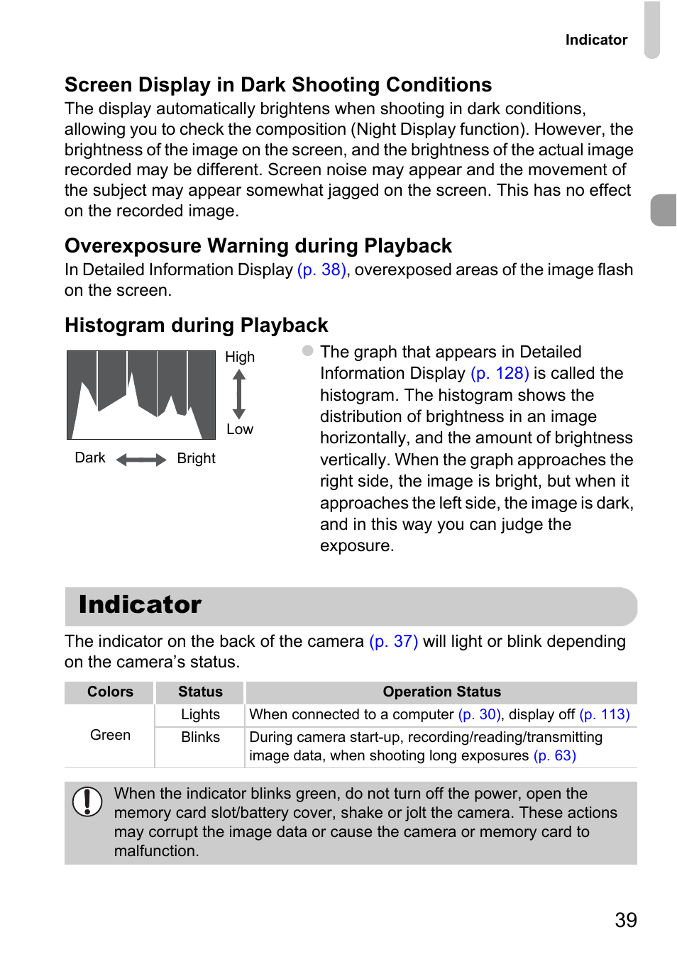 Indicator, P. 39), 39 screen display in dark shooting conditions | Overexposure warning during playback, Histogram during playback | Canon A800 User Manual | Page 39 / 144