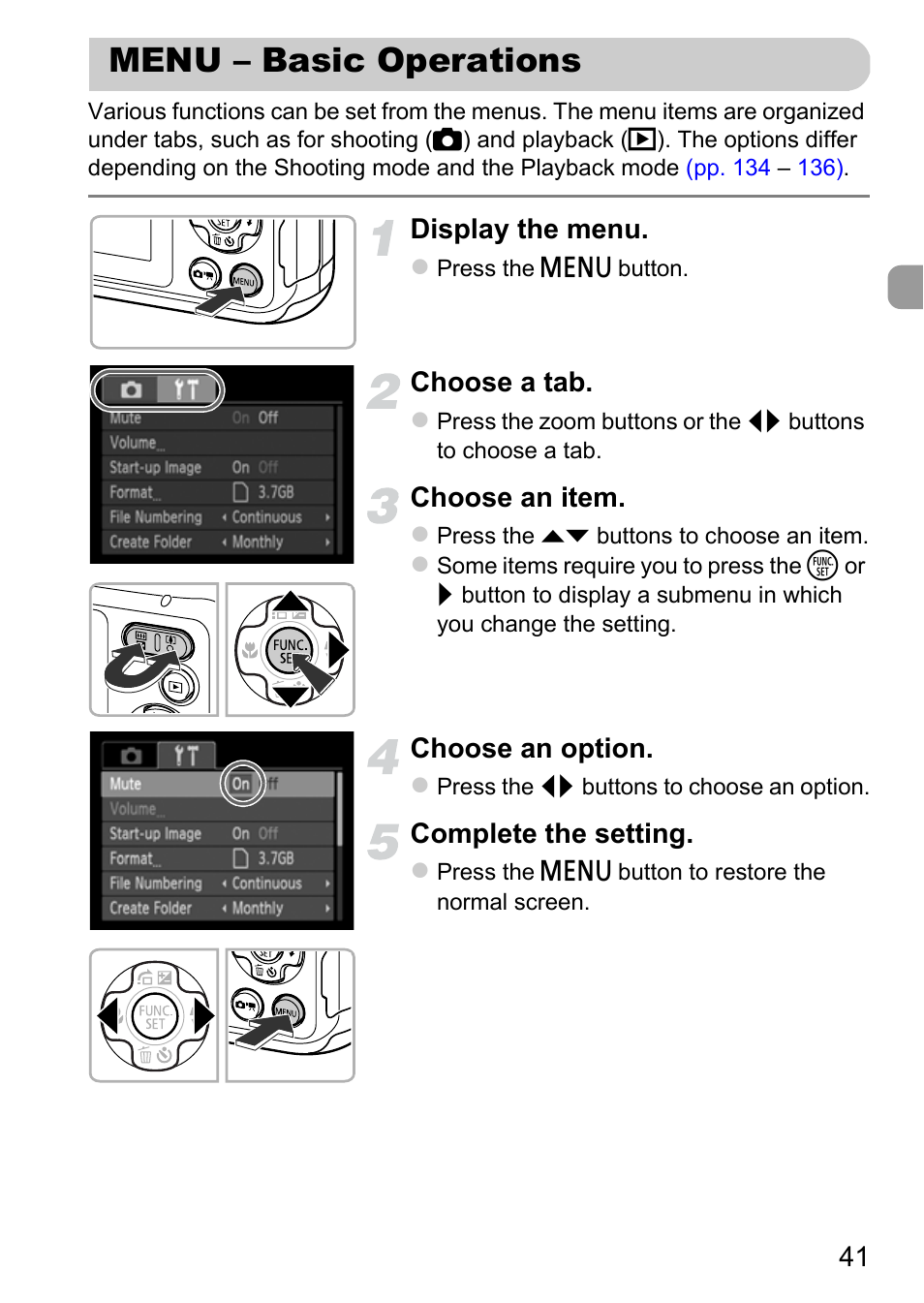 Menu - basic operations, Menu – basic operations, P. 41) | Canon A800 User Manual | Page 41 / 144