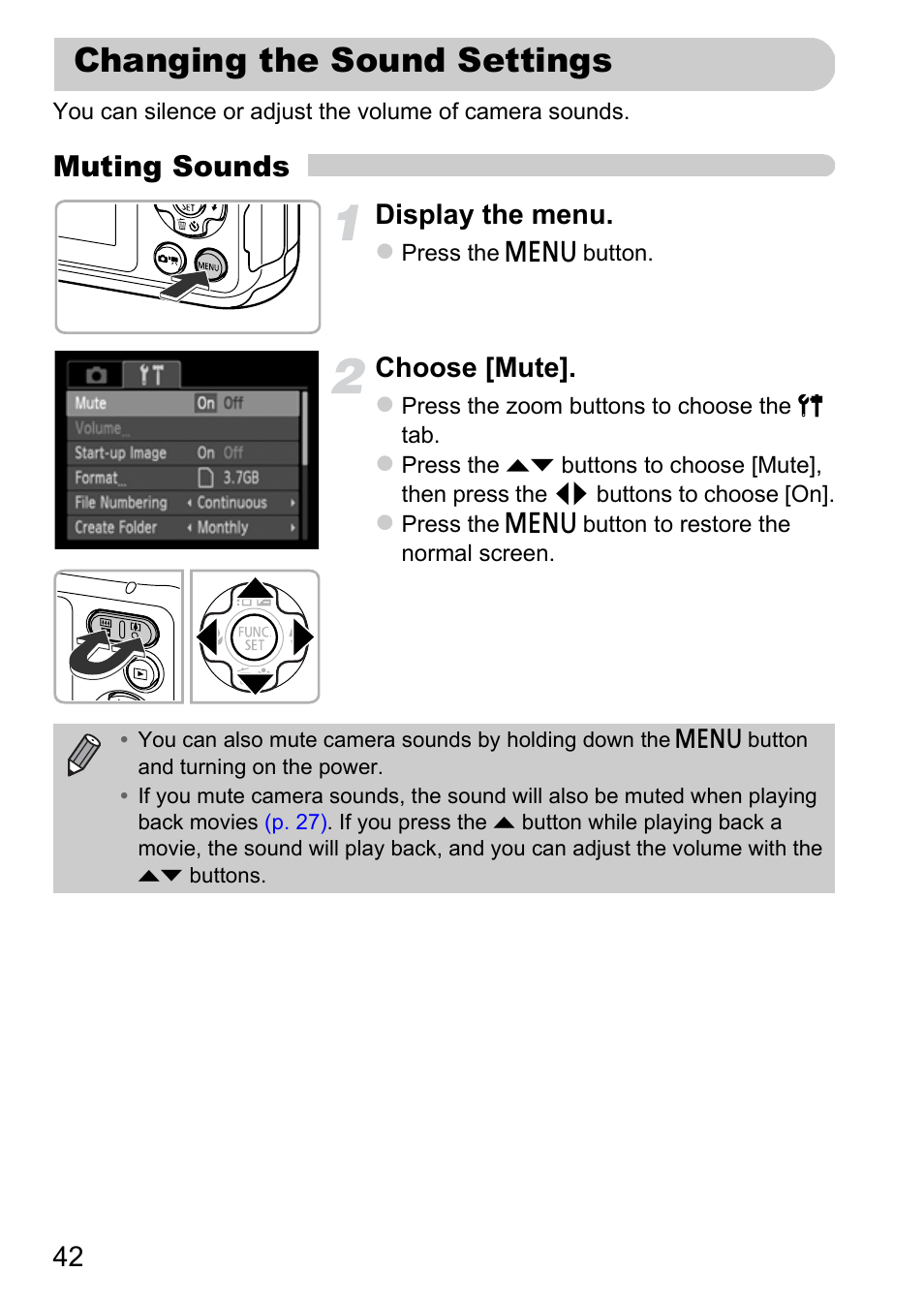 Changing the sound settings, Muting sounds, Display the menu | Choose [mute | Canon A800 User Manual | Page 42 / 144