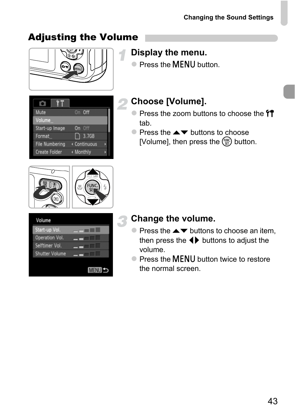 Adjusting the volume, Display the menu, Choose [volume | Change the volume | Canon A800 User Manual | Page 43 / 144