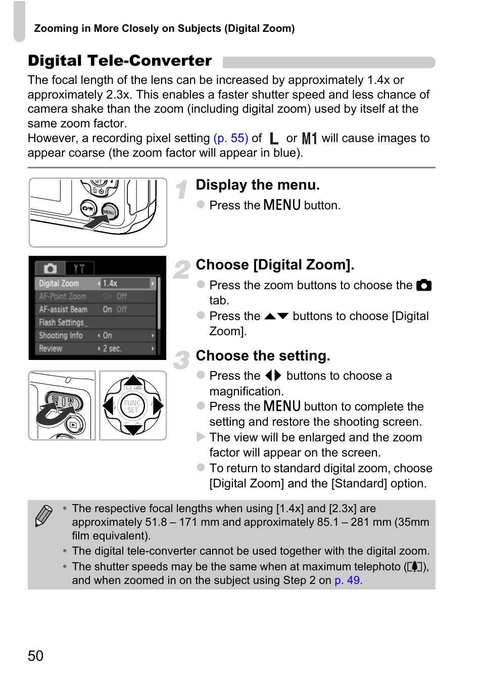 Digital tele-converter, Display the menu, Choose [digital zoom | Choose the setting | Canon A800 User Manual | Page 50 / 144