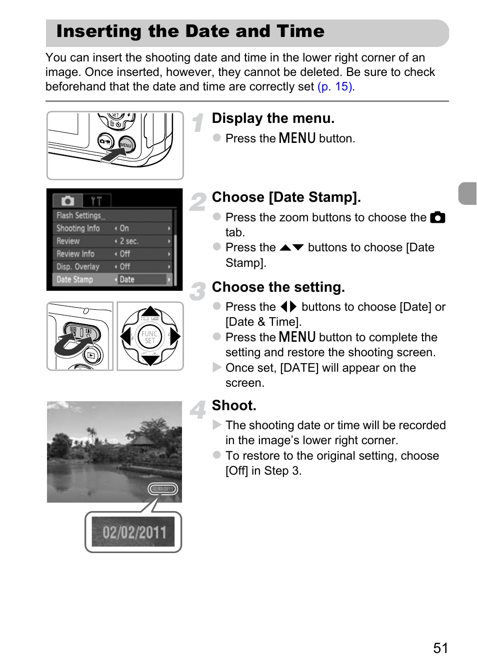 Inserting the date and time | Canon A800 User Manual | Page 51 / 144