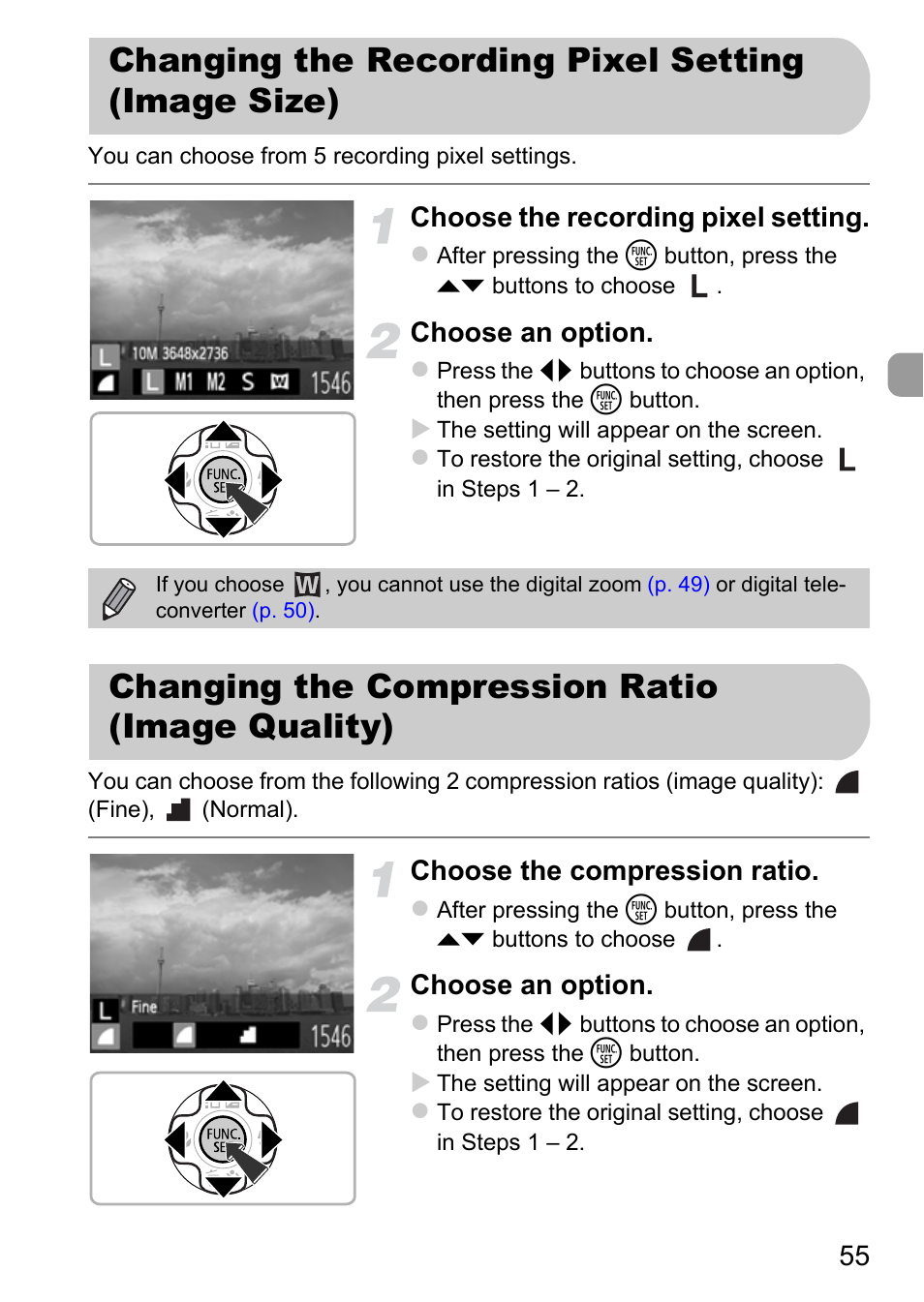 Changing the recording pixel setting (image size), Changing the compression ratio (image quality), Changing the recording pixel | Setting (image size), Changing the compression ratio, Image quality), Choose the recording pixel setting, Choose an option, Choose the compression ratio | Canon A800 User Manual | Page 55 / 144