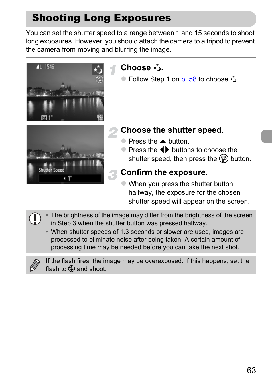Shooting long exposures, P. 63), Choose | Choose the shutter speed, Confirm the exposure | Canon A800 User Manual | Page 63 / 144