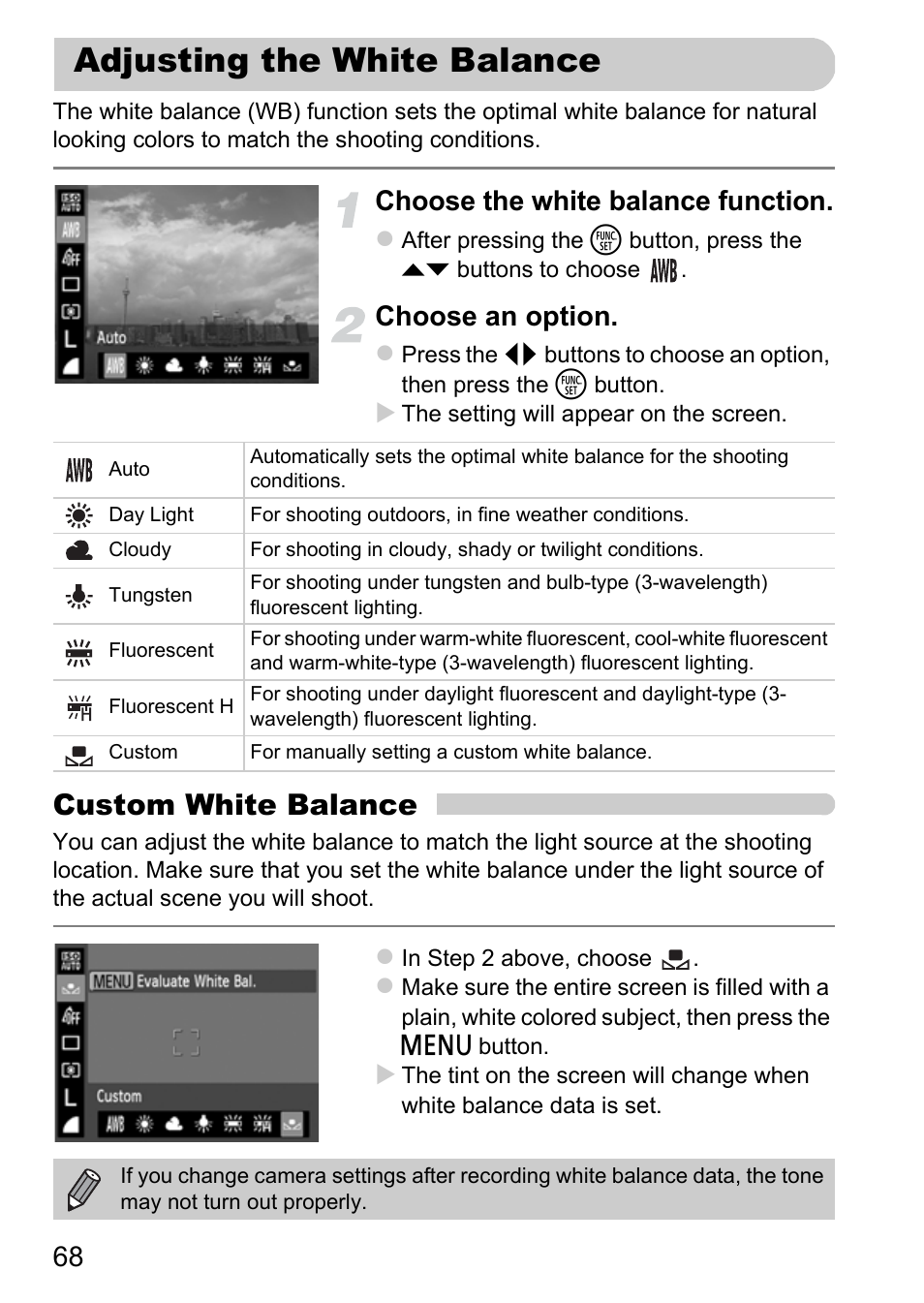 Adjusting the white balance, P. 68), Custom white balance | Choose the white balance function, Choose an option | Canon A800 User Manual | Page 68 / 144