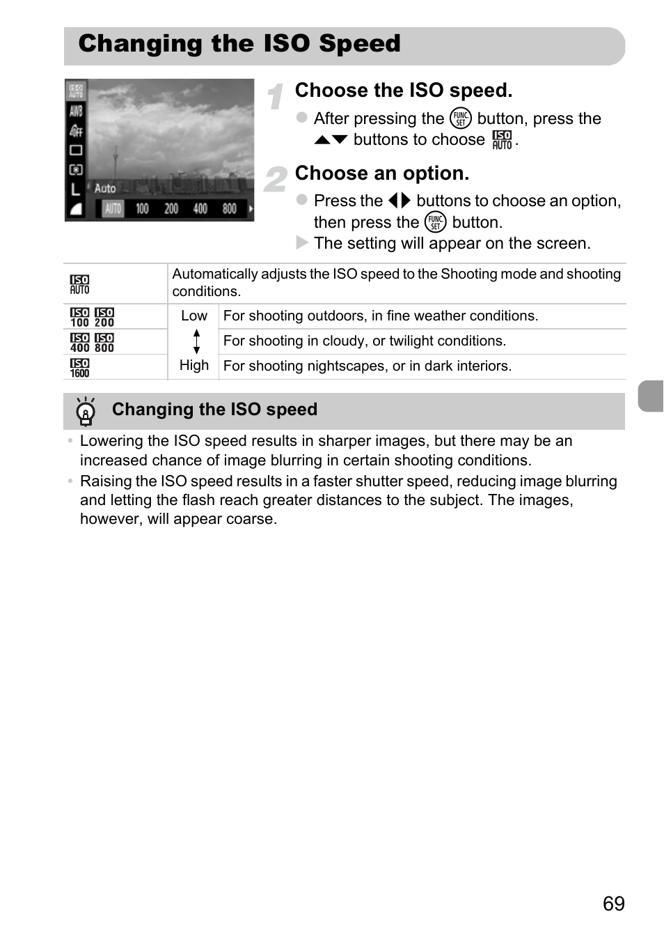 Changing the iso speed, P. 69), 69 choose the iso speed | Choose an option | Canon A800 User Manual | Page 69 / 144
