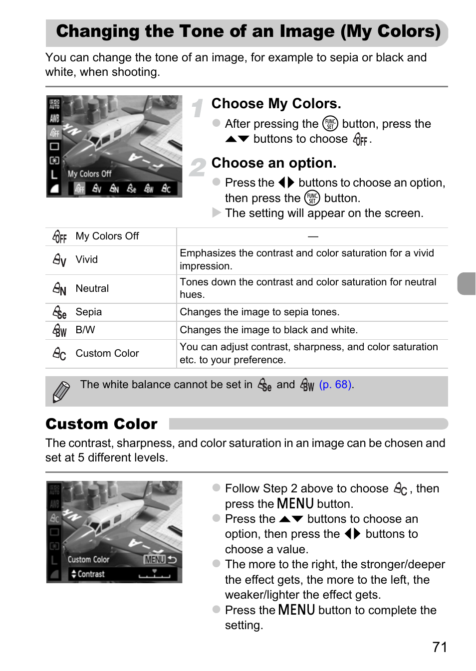 Changing the tone of an image (my colors), Changing the tone of an image (my, Colors) | Custom color, Choose my colors, Choose an option | Canon A800 User Manual | Page 71 / 144