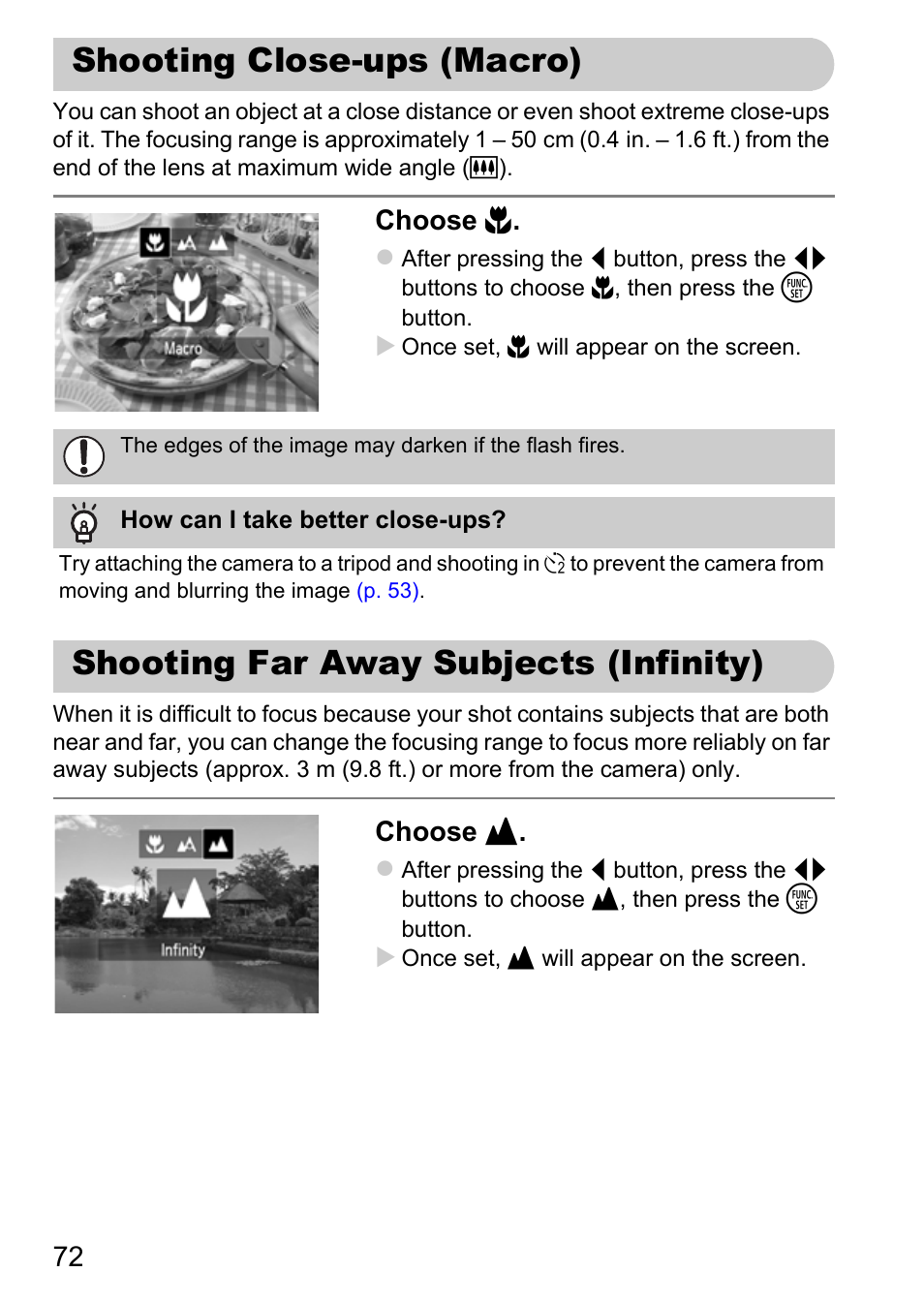 Shooting close-ups (macro), Shooting far away subjects (infinity), Infinity) | P. 72), Choose e, Choose u | Canon A800 User Manual | Page 72 / 144